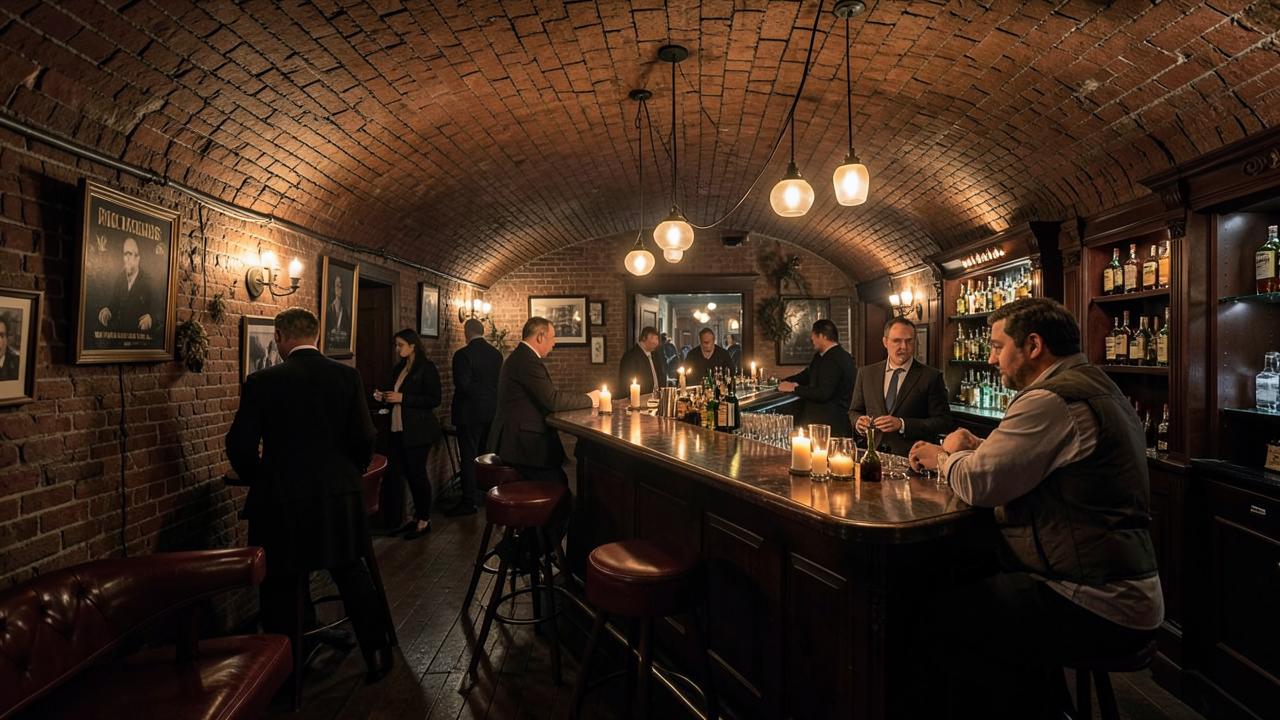 Bar clandestin dans une cave voûtée en brique du vieux centre d'Amsterdam, comptoir éclairé à la bougie