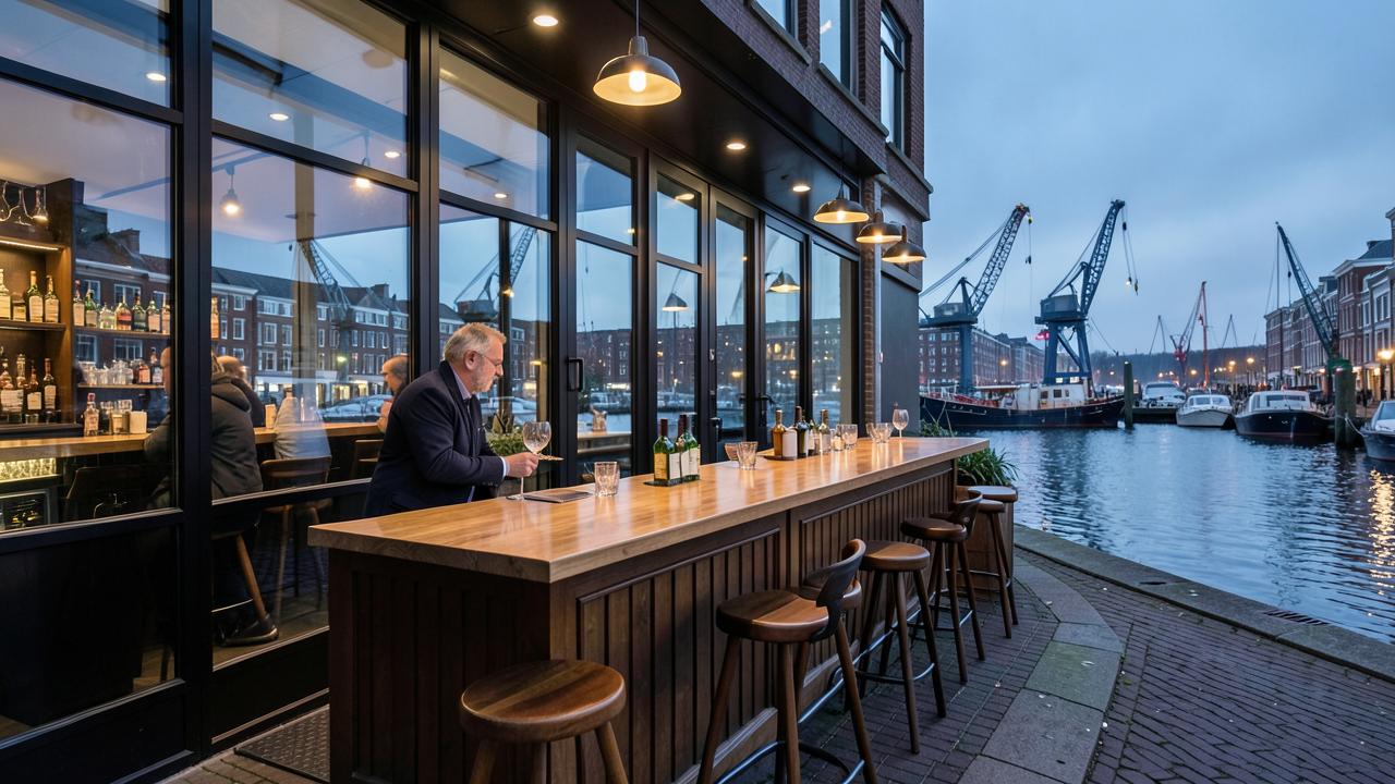 Bar de quai dans les docks est d'Amsterdam au crépuscule, grues portuaires et bateaux amarrés