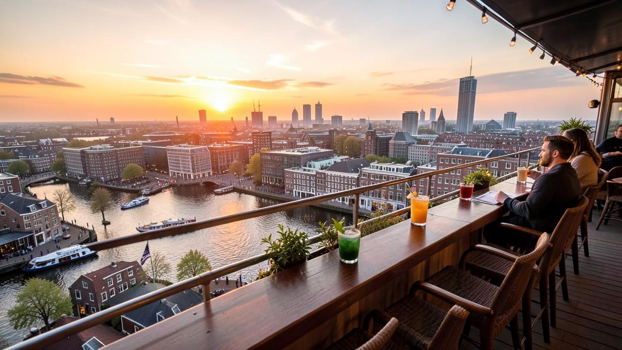 Rooftop d'Amsterdam-Noord avec vue panoramique sur l'IJ et la ville au coucher du soleil
