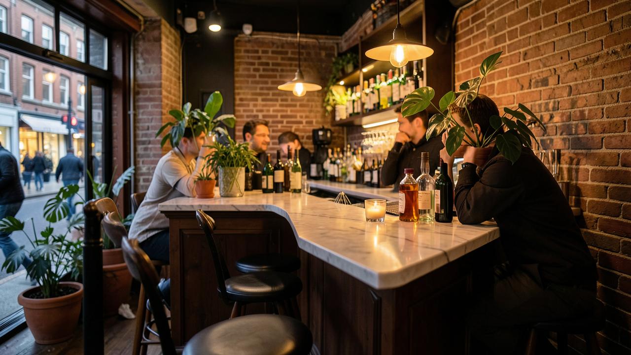 Petit bar de quartier d'Oud-West à Amsterdam, comptoir de marbre et plantes