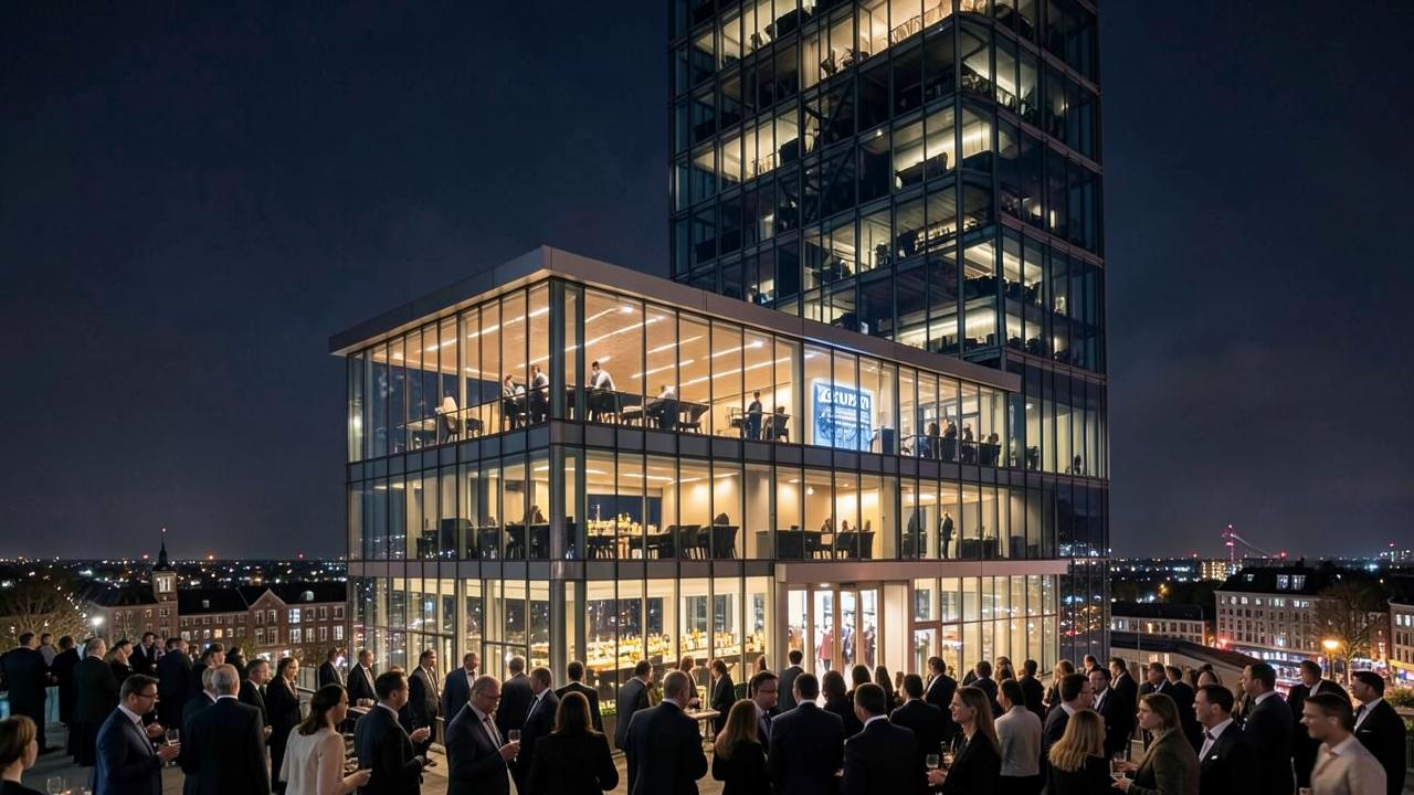 Skybar vitré au sommet d'une tour de la Zuidas à Amsterdam, lumières de la ville la nuit
