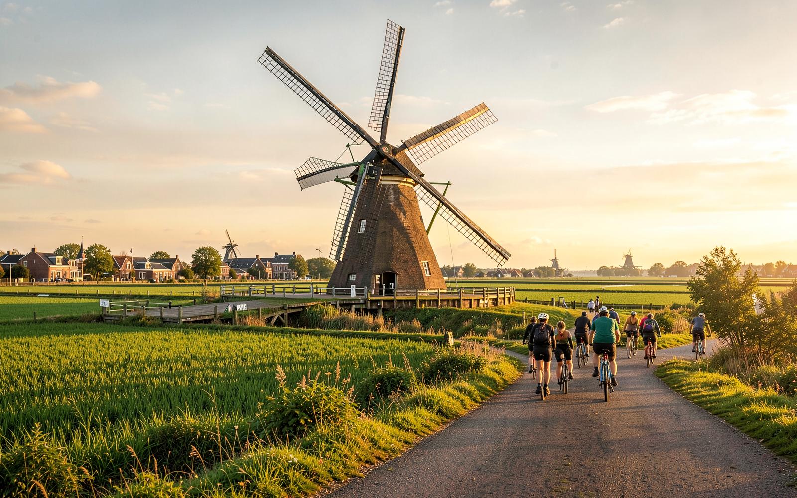 Moulin et polders verdoyants le long de l'Amstel au sud d'Amsterdam à l'heure dorée