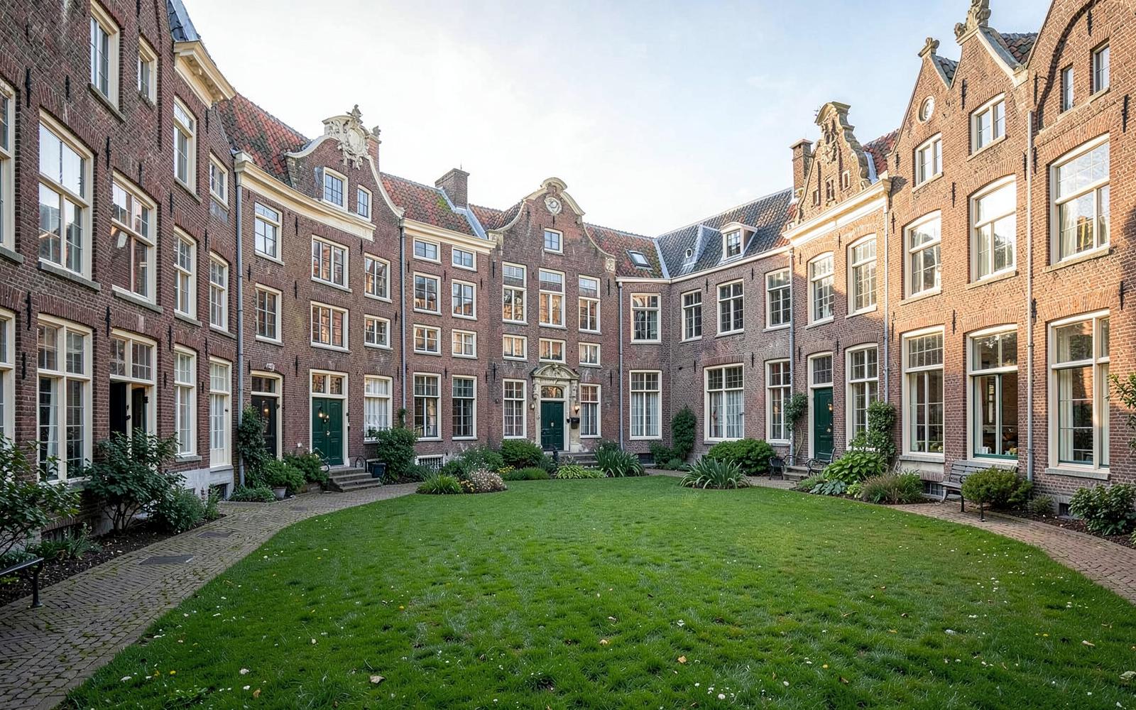 Cour intérieure du Begijnhof à Amsterdam, pelouse et maisons anciennes au petit matin