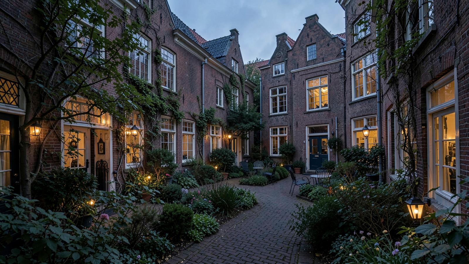 Cour intérieure historique d'Amsterdam éclairée par des lanternes au crépuscule