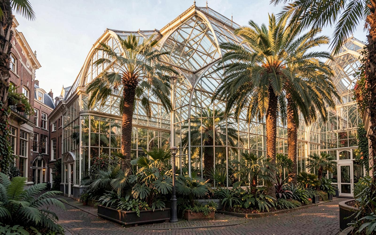 Serre historique en verre et fer d'un jardin botanique d'Amsterdam