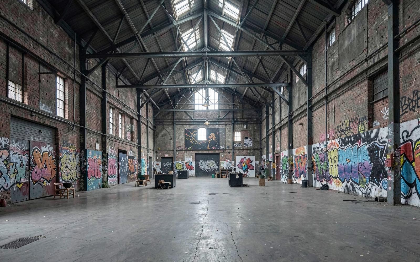 Ancien hangar de chantier naval du NDSM à Amsterdam transformé en espace d'art