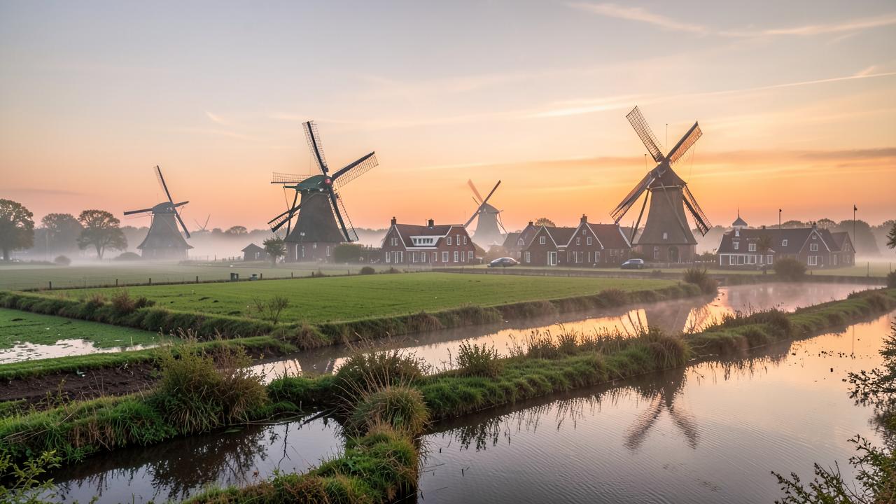 Campagne néerlandaise au lever du jour, moulins et polders dans la brume