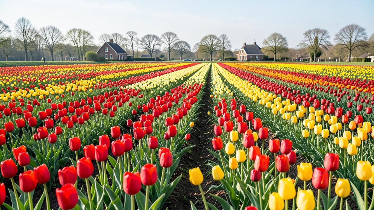 Champs de tulipes rouges et jaunes en fleurs près de Lisse aux Pays-Bas au printemps