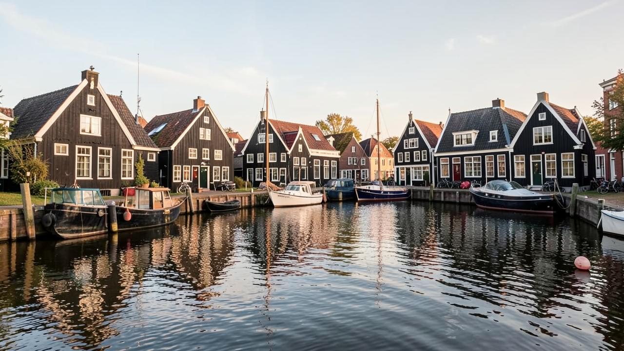Maisons de bois noir du village de Marken aux Pays-Bas réfléchies dans le port