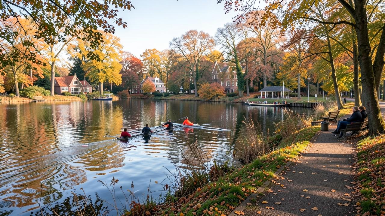 Rivière Amstel bordée d'arbres d'automne près d'Ouderkerk, avirons et terrasse de village