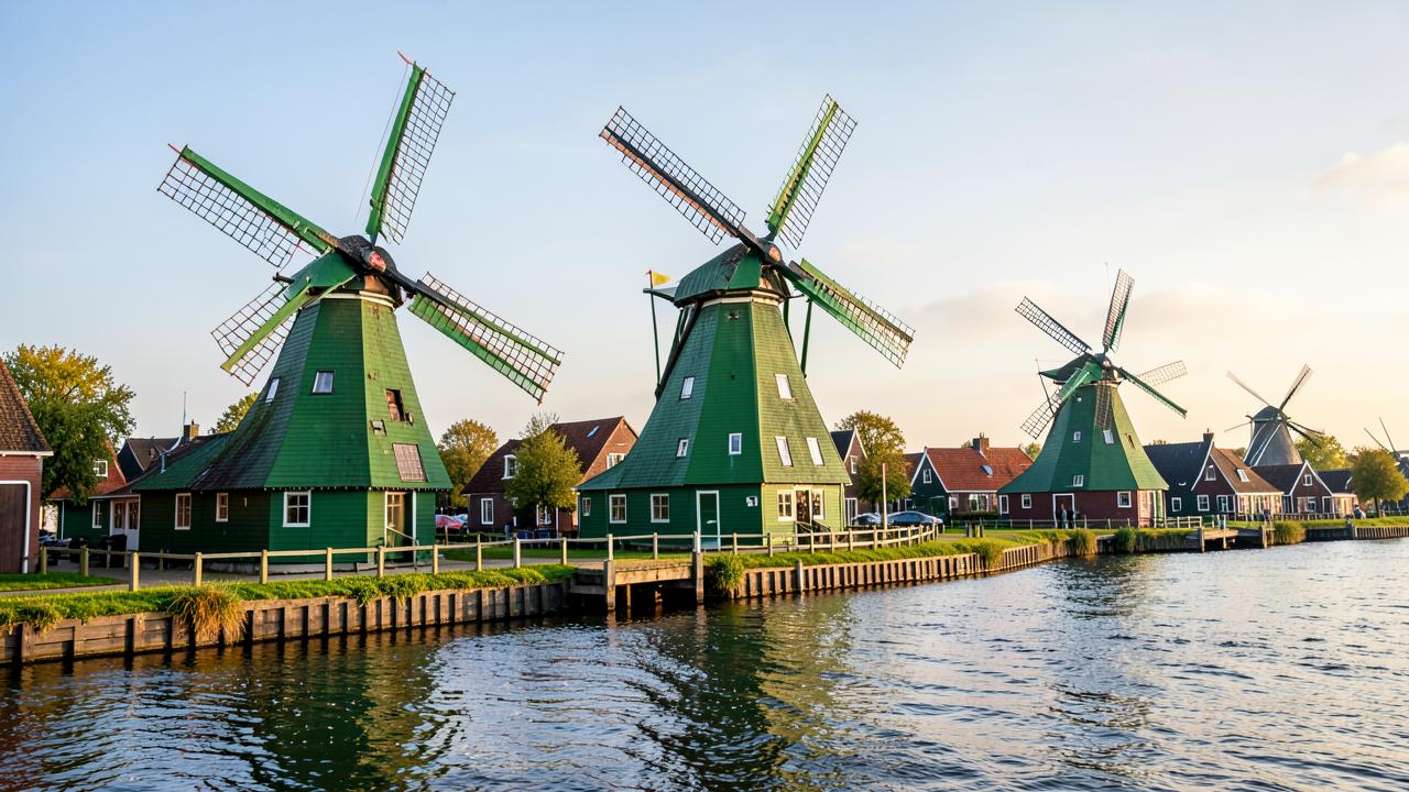 Moulins de bois vert alignés au bord de la rivière Zaan aux Pays-Bas au petit matin