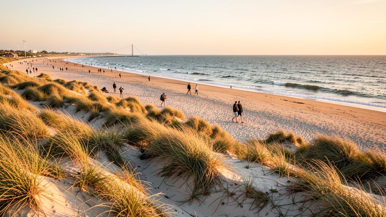Dunes et grande plage de la mer du Nord à Zandvoort aux Pays-Bas en lumière dorée