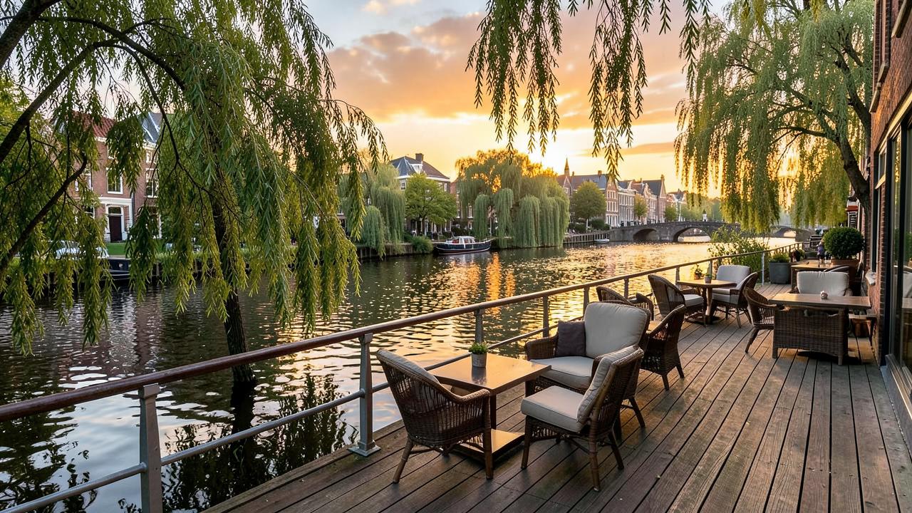 Terrasse en bois d'un hôtel au bord de l'Amstel au coucher du soleil, saules et bateaux