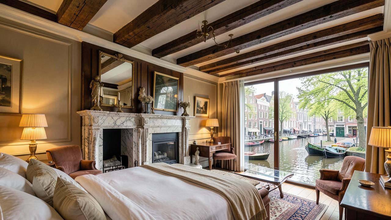 Chambre d'un hôtel particulier du Herengracht à Amsterdam, poutres anciennes et vue sur le canal