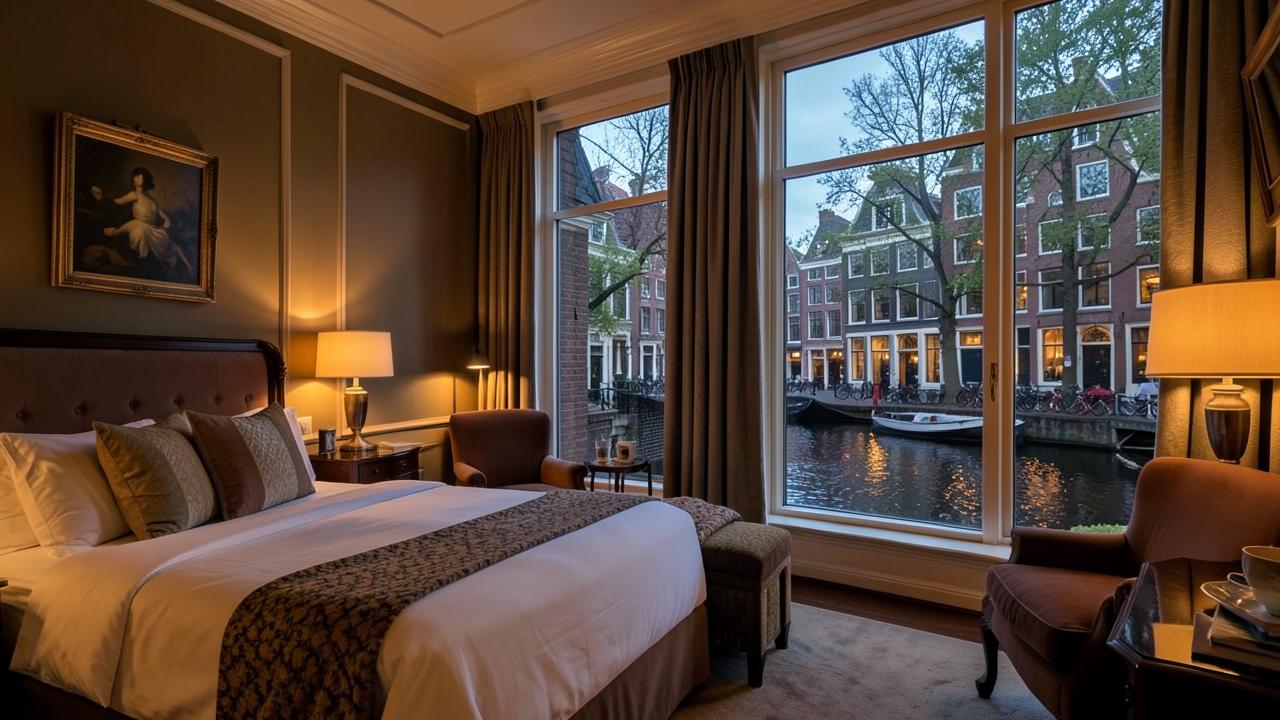 Suite d'un hôtel de canal d'Amsterdam ouvrant sur le Herengracht au crépuscule