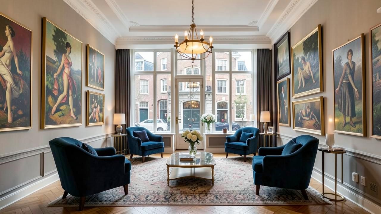 Salon d'un hôtel d'art du quartier des musées d'Amsterdam, tableaux et fauteuils de velours bleu