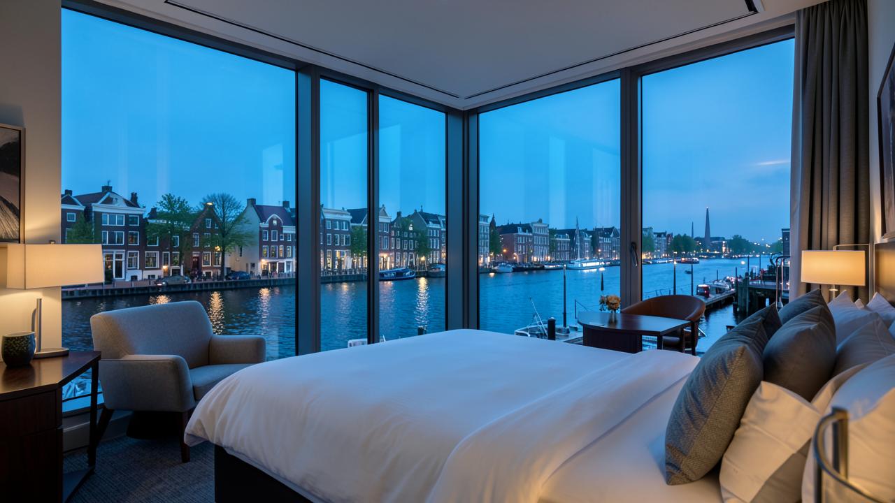 Chambre design d'Amsterdam avec baies vitrées ouvrant sur l'eau de l'IJ à l'heure bleue