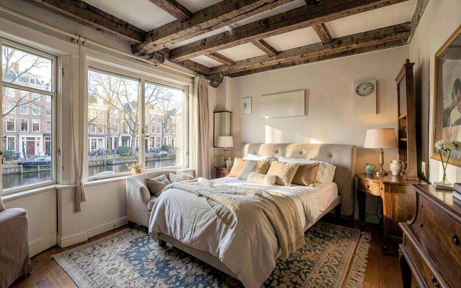 Chambre d'une maison de canal du Grachtengordel à Amsterdam, poutres anciennes