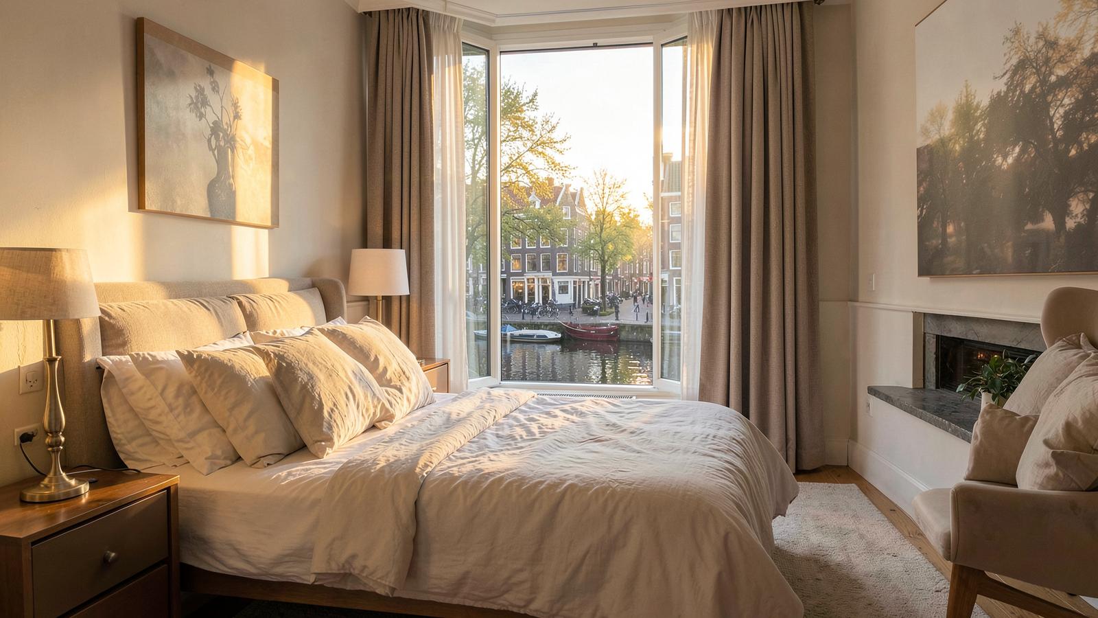 Chambre d'une maison de canal d'Amsterdam au lever du jour