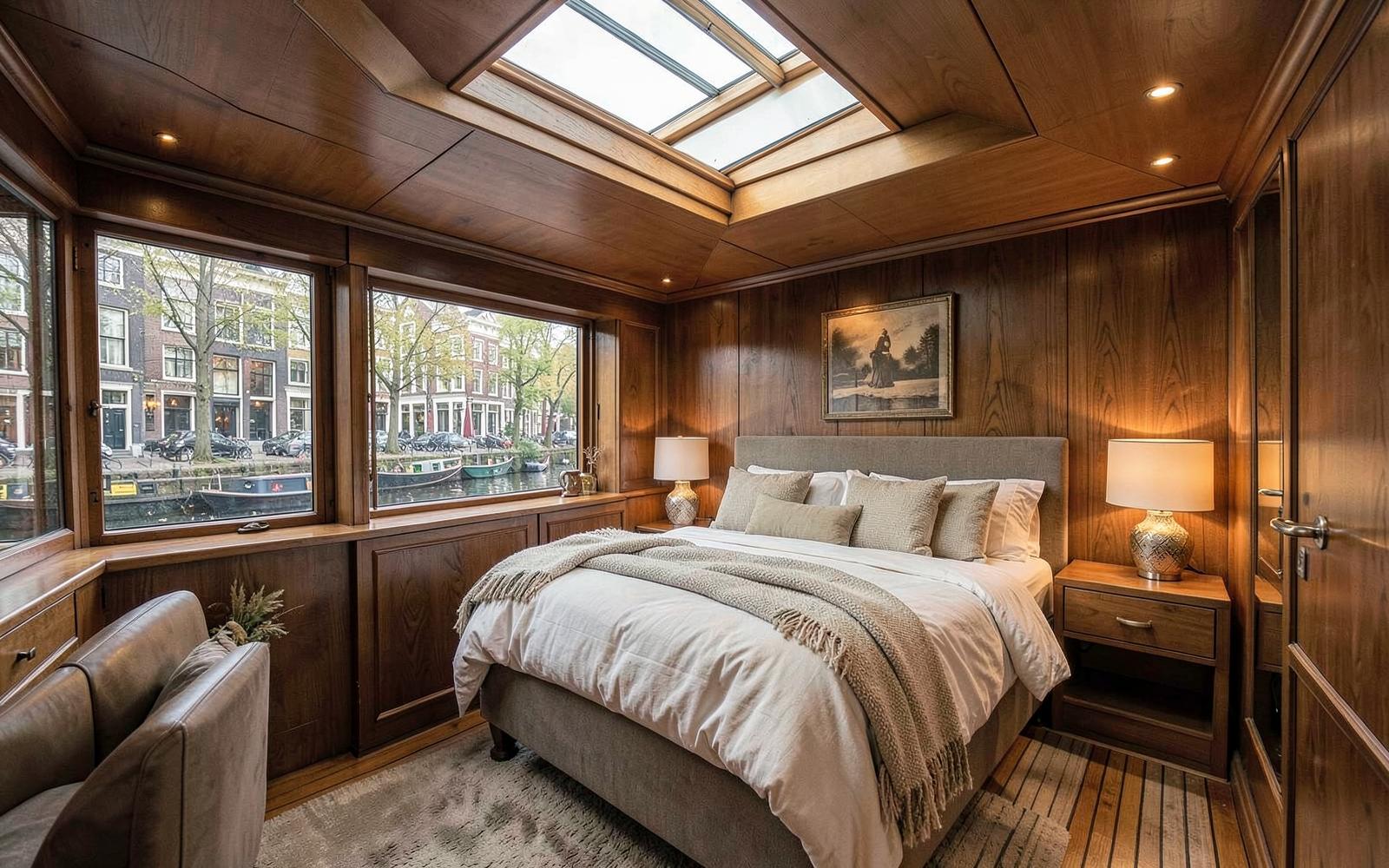 Intérieur boisé d'une péniche aménagée sur un canal d'Amsterdam