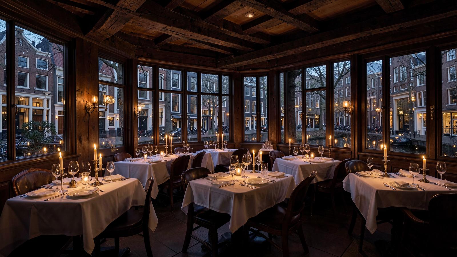 Salle de restaurant d'une maison de canal d'Amsterdam éclairée à la bougie