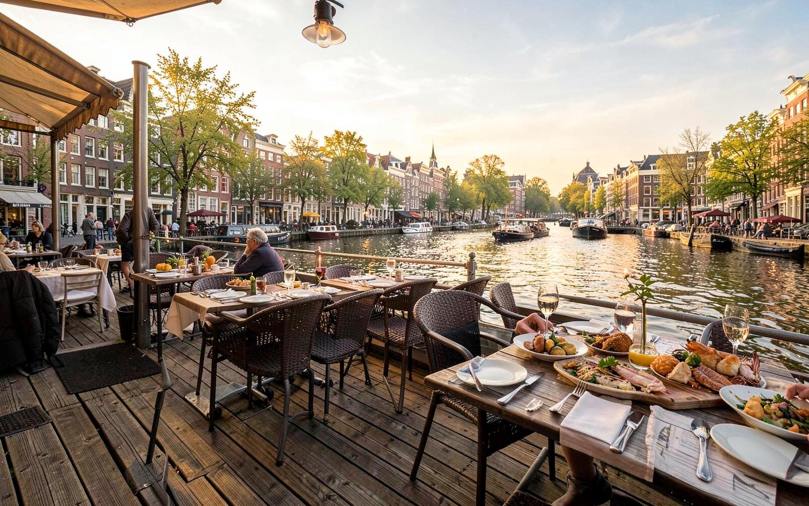 Terrasse de restaurant de poisson sur un ponton de l'est d'Amsterdam au coucher du soleil