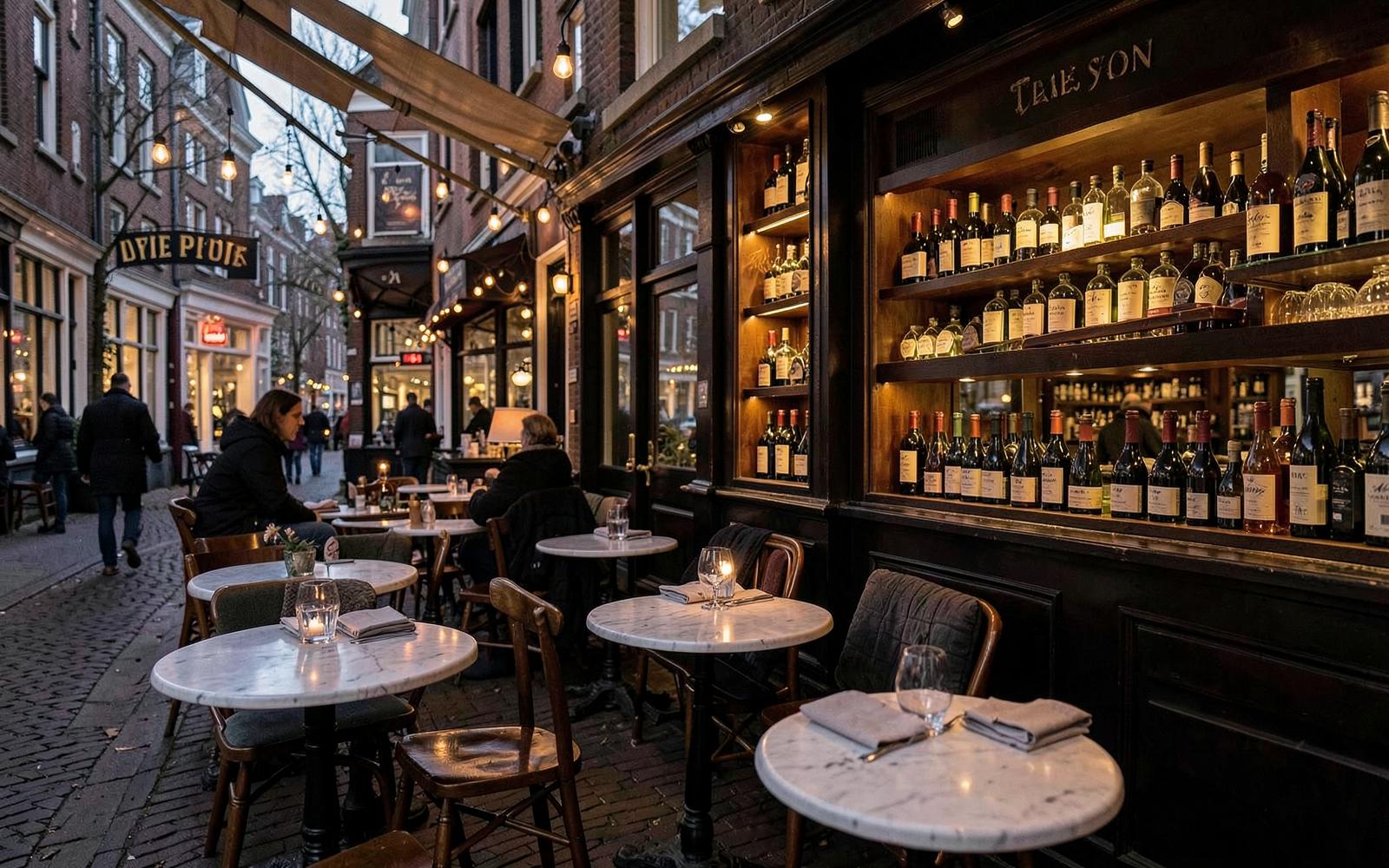 Bistrot de quartier de De Pijp à Amsterdam, petites tables de marbre