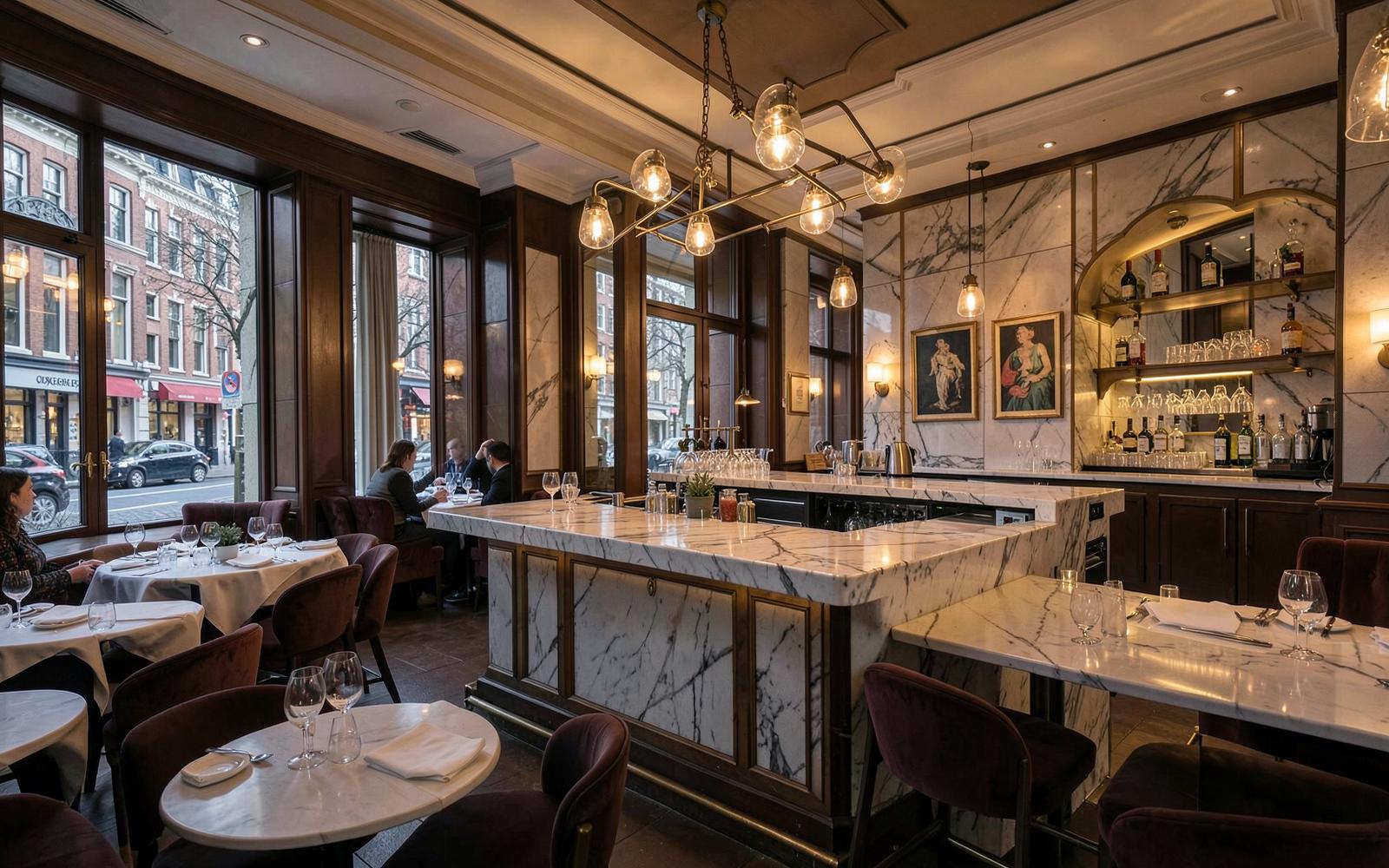 Salle Art déco d'un restaurant d'Oud-Zuid à Amsterdam, comptoir de marbre