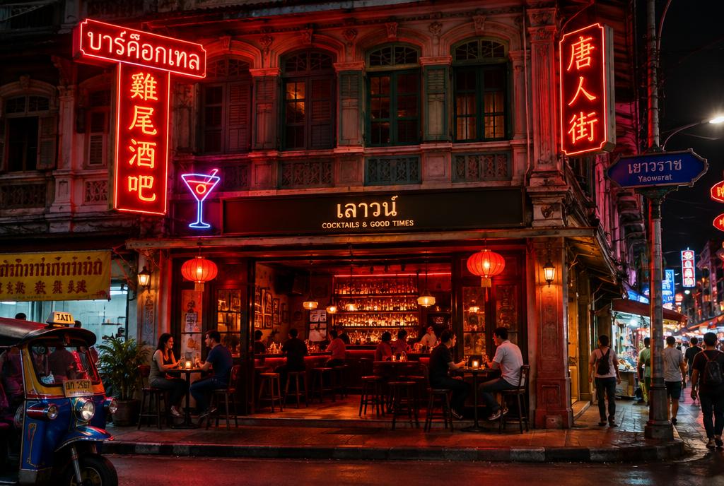 Bar à cocktails dans une shophouse de Chinatown avec néons