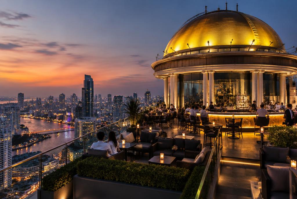 Bar en dôme doré sur le toit d'une tour de Bangkok au crépuscule