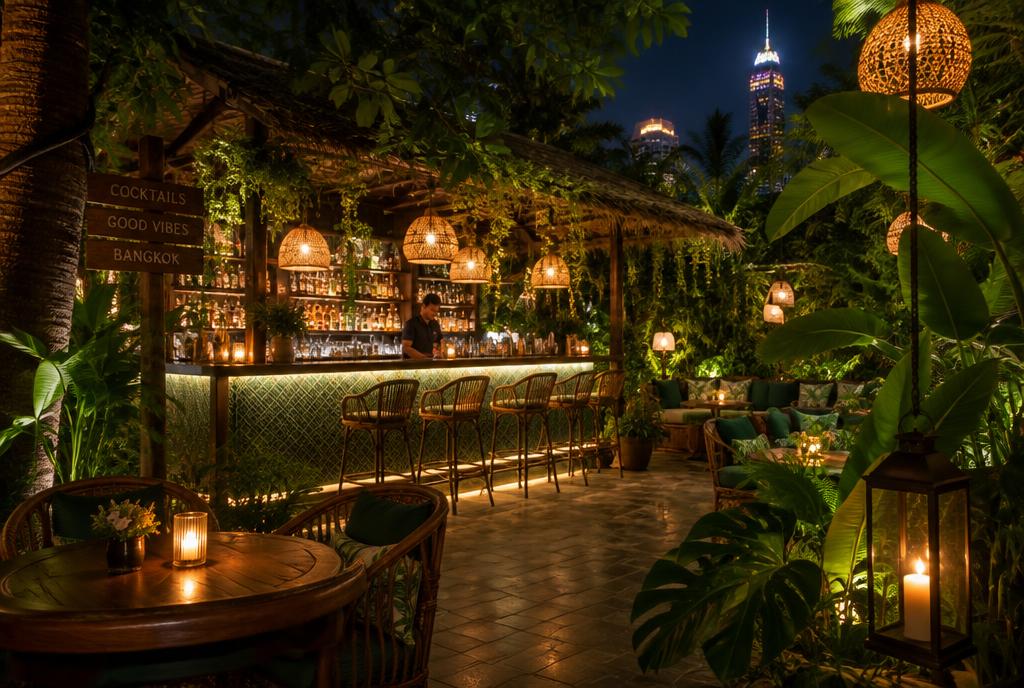 Bar à cocktails végétalisé et tamisé de nuit à Bangkok