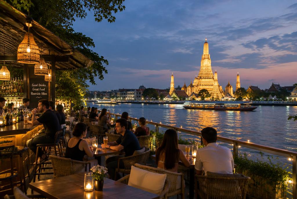 Terrasse de bar en bord de fleuve face à un temple illuminé
