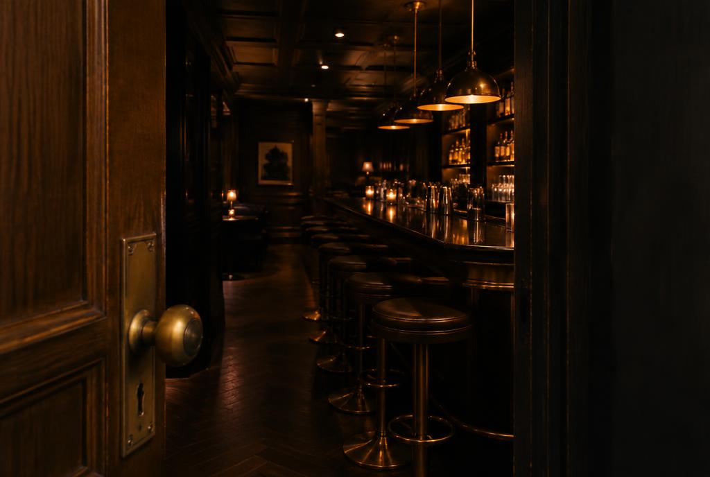 Bar feutré aux boiseries et laiton derrière une porte discrète