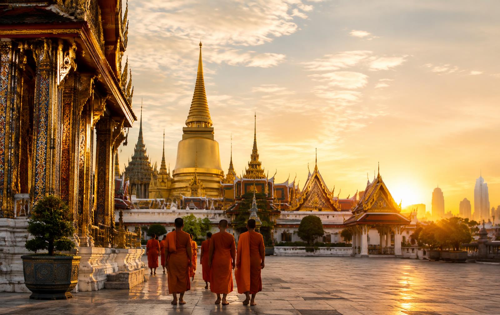 Cour de temple doré au lever du soleil à Bangkok