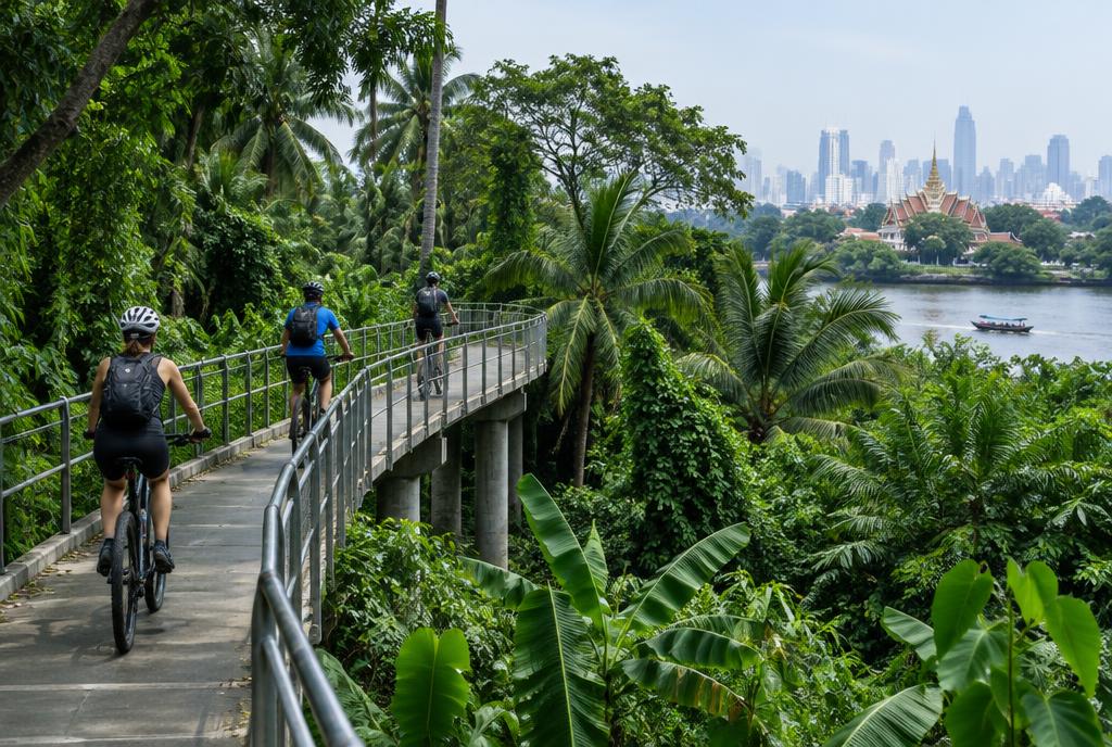 Cyclistes sur une passerelle de béton dans la jungle près de Bangkok