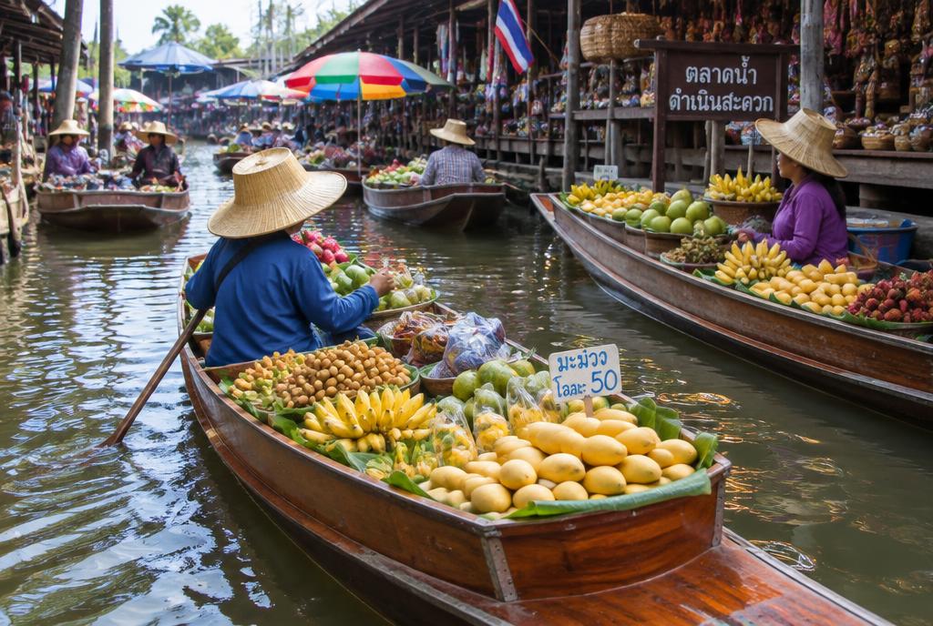 Barques chargées de fruits sur un marché flottant thaïlandais