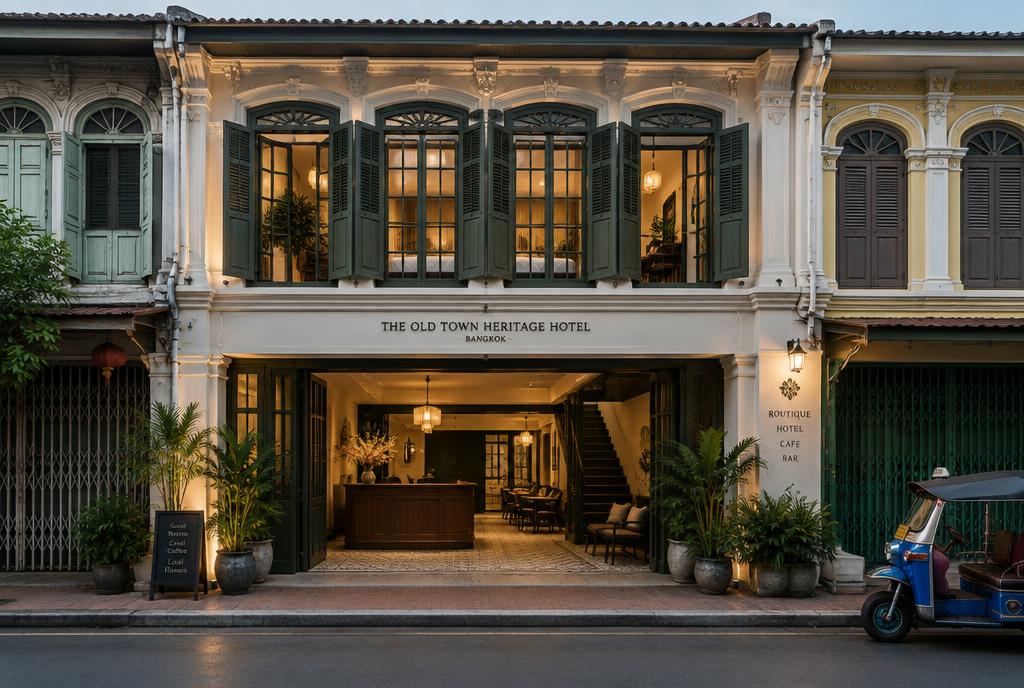 Hôtel art déco noir et blanc avec cour intérieure à Bangkok