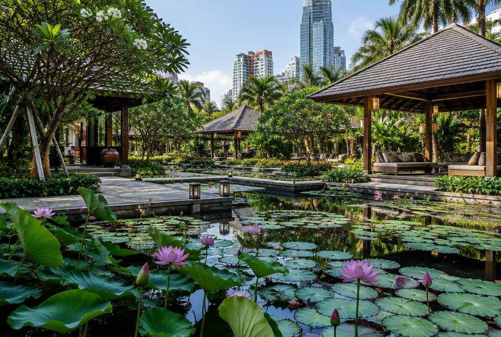 Jardins de lotus et pavillons bas d'un hôtel de Sathorn