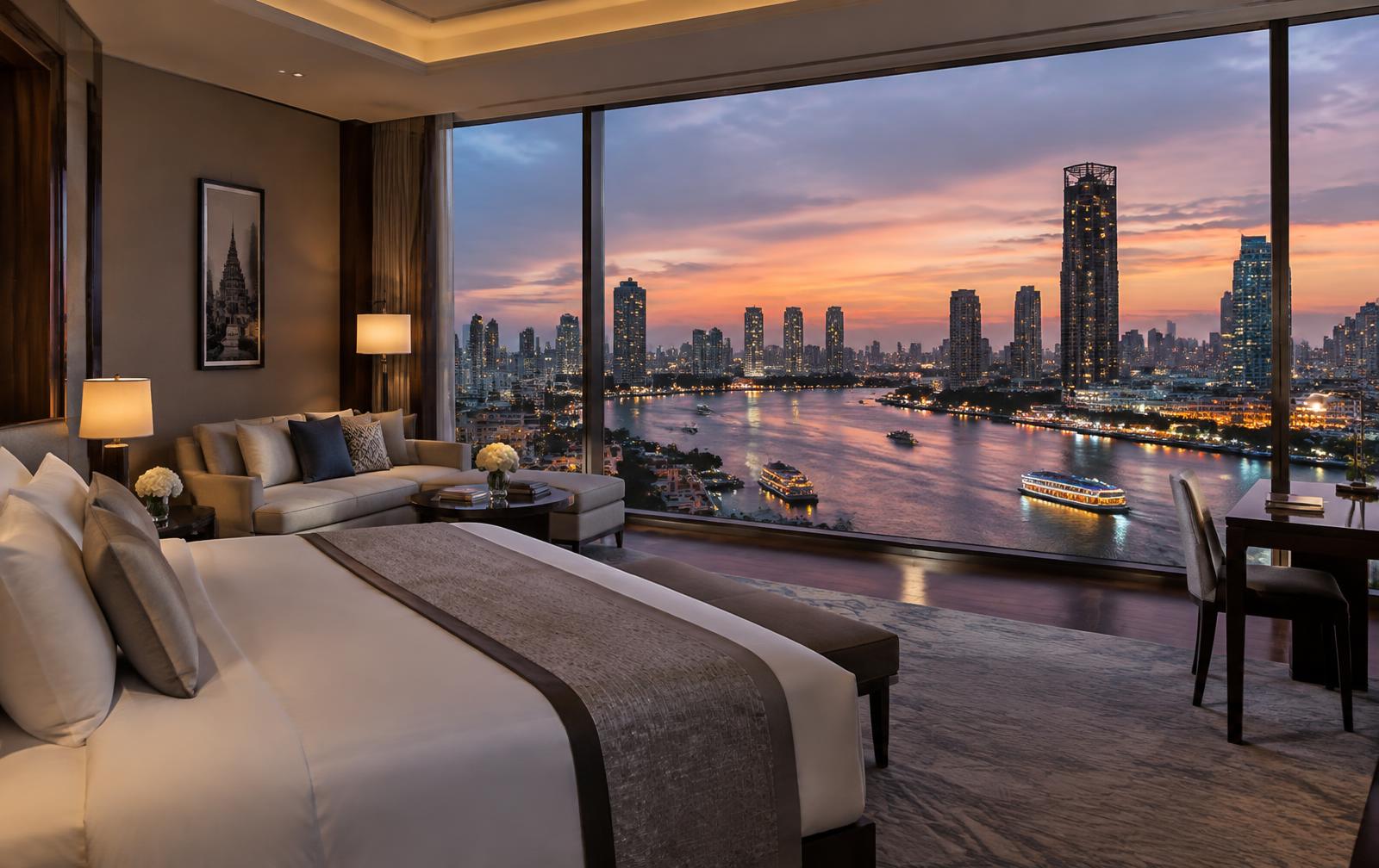 Suite face au Chao Phraya au crépuscule à Bangkok