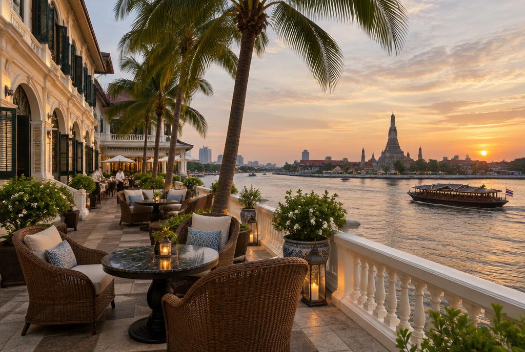Terrasse coloniale du Mandarin Oriental au bord du Chao Phraya