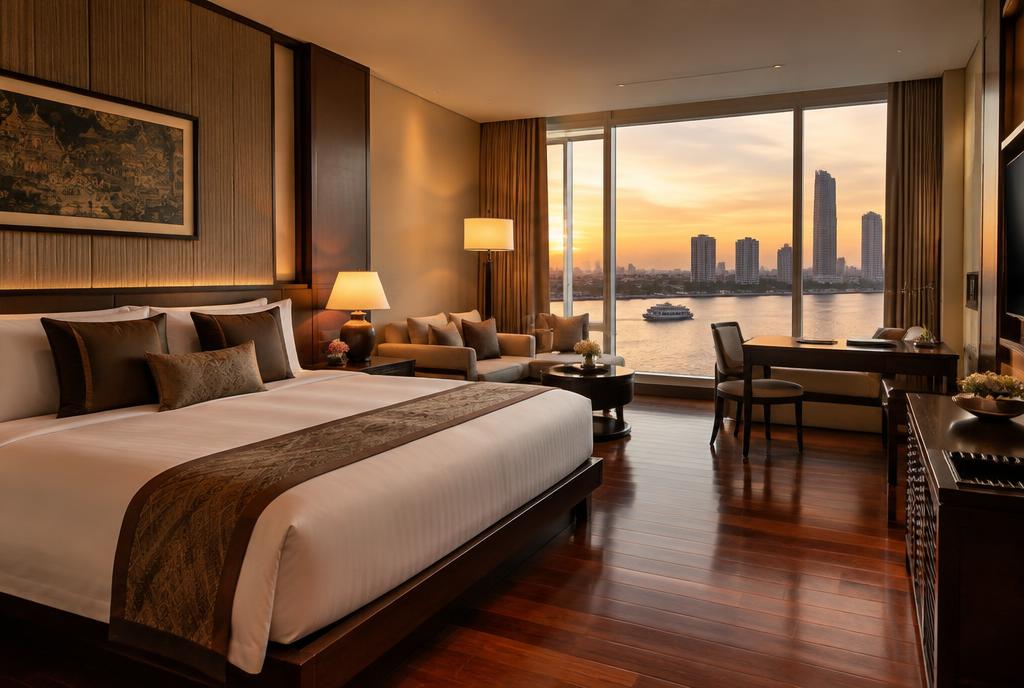 Chambre en teck du Peninsula Bangkok ouverte sur le fleuve