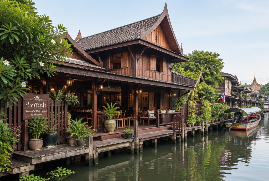 Maison thaïe en teck au bord d'un canal de Thonburi