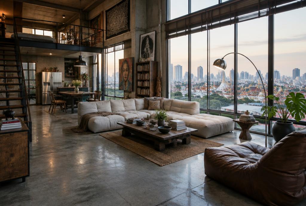 Loft d'artiste aux grandes verrières au-dessus des toits de Bangkok