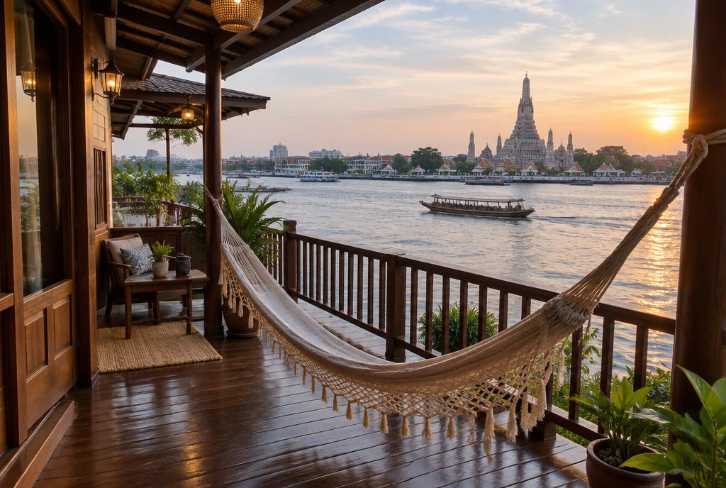 Terrasse en bois avec hamac au bord de l'eau près de Bangkok