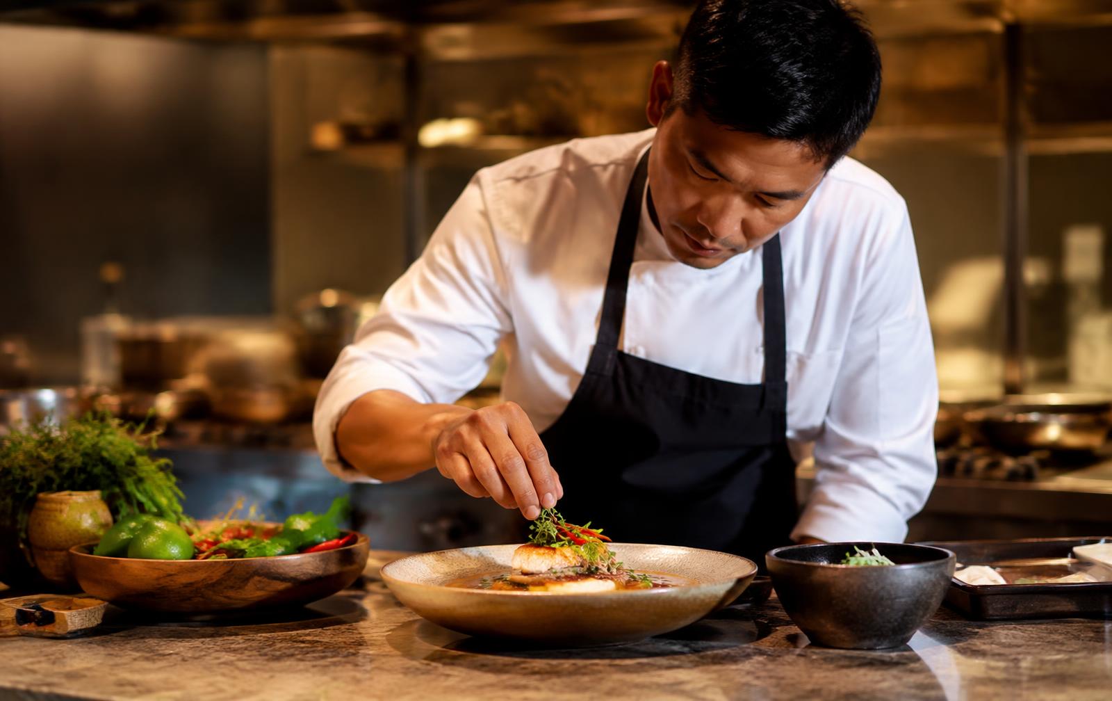 Chef dressant une assiette dans une cuisine ouverte à Bangkok