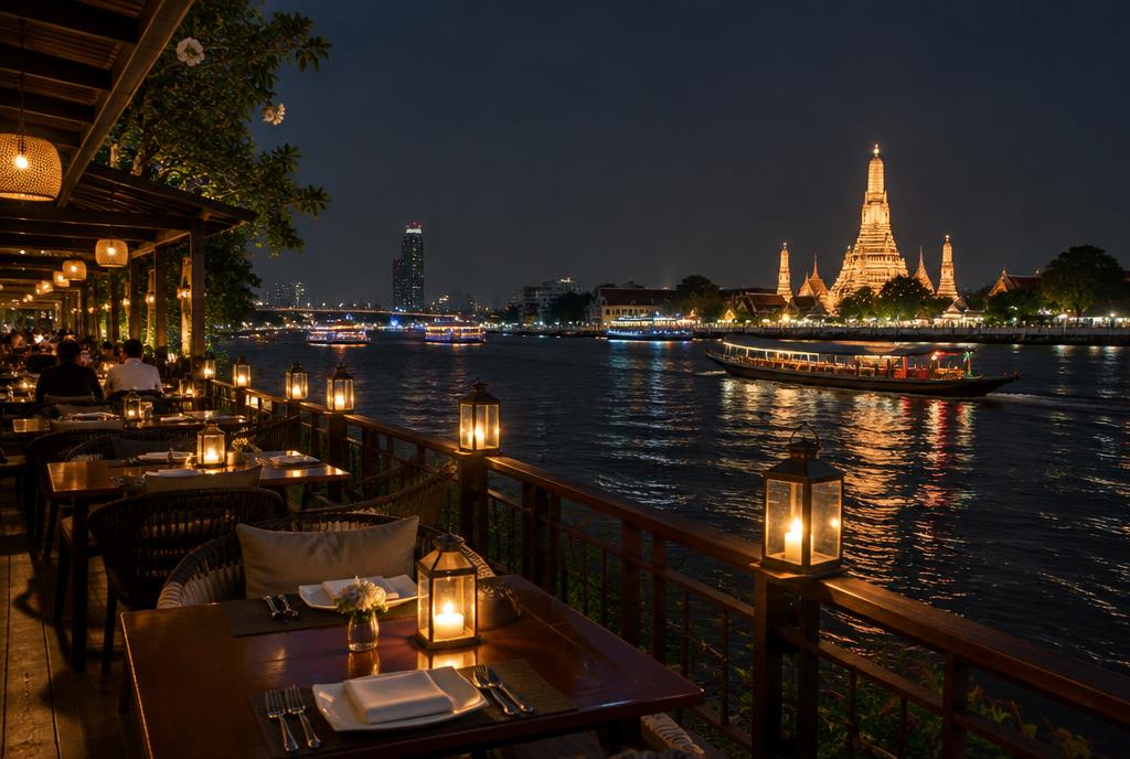 Terrasse de restaurant en bord de fleuve avec lanternes et temple illuminé