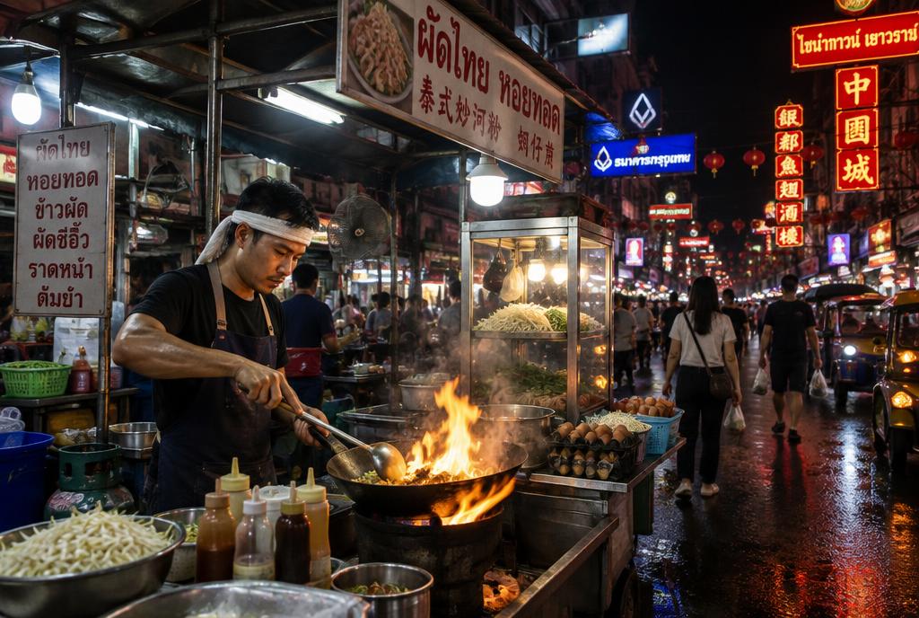 Cuisinière au wok devant un feu vif dans une échoppe de rue à Bangkok