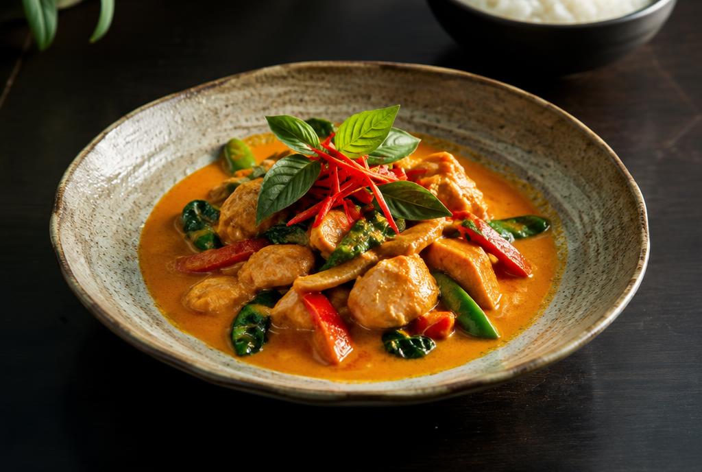Curry thaï dressé dans une assiette en céramique sur une table sombre