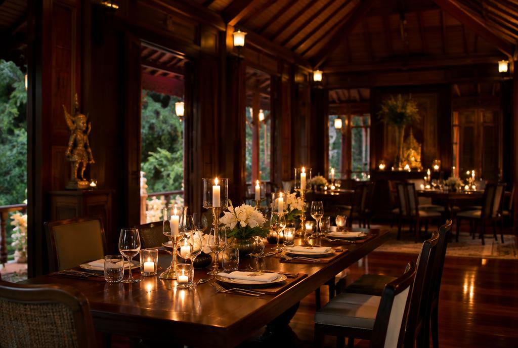 Salle à manger élégante d'une villa transformée en restaurant à Bangkok
