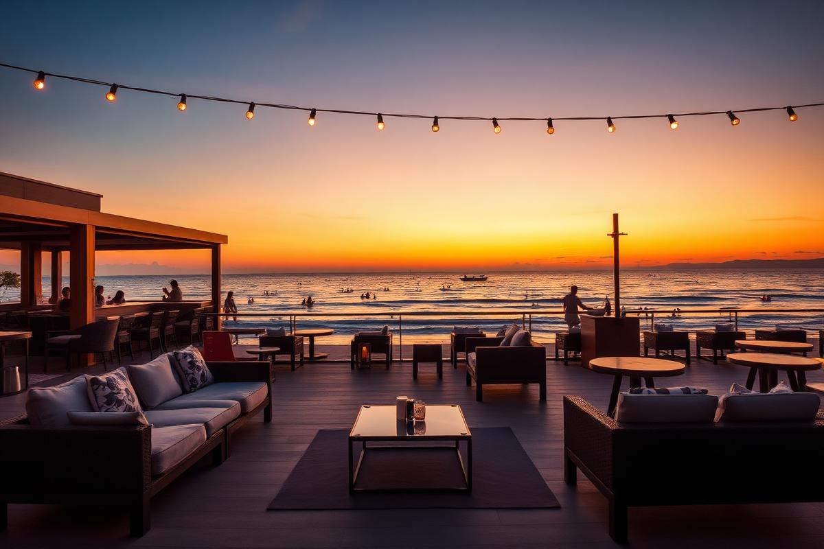 Club de plage de la Barceloneta à Barcelone au coucher du soleil
